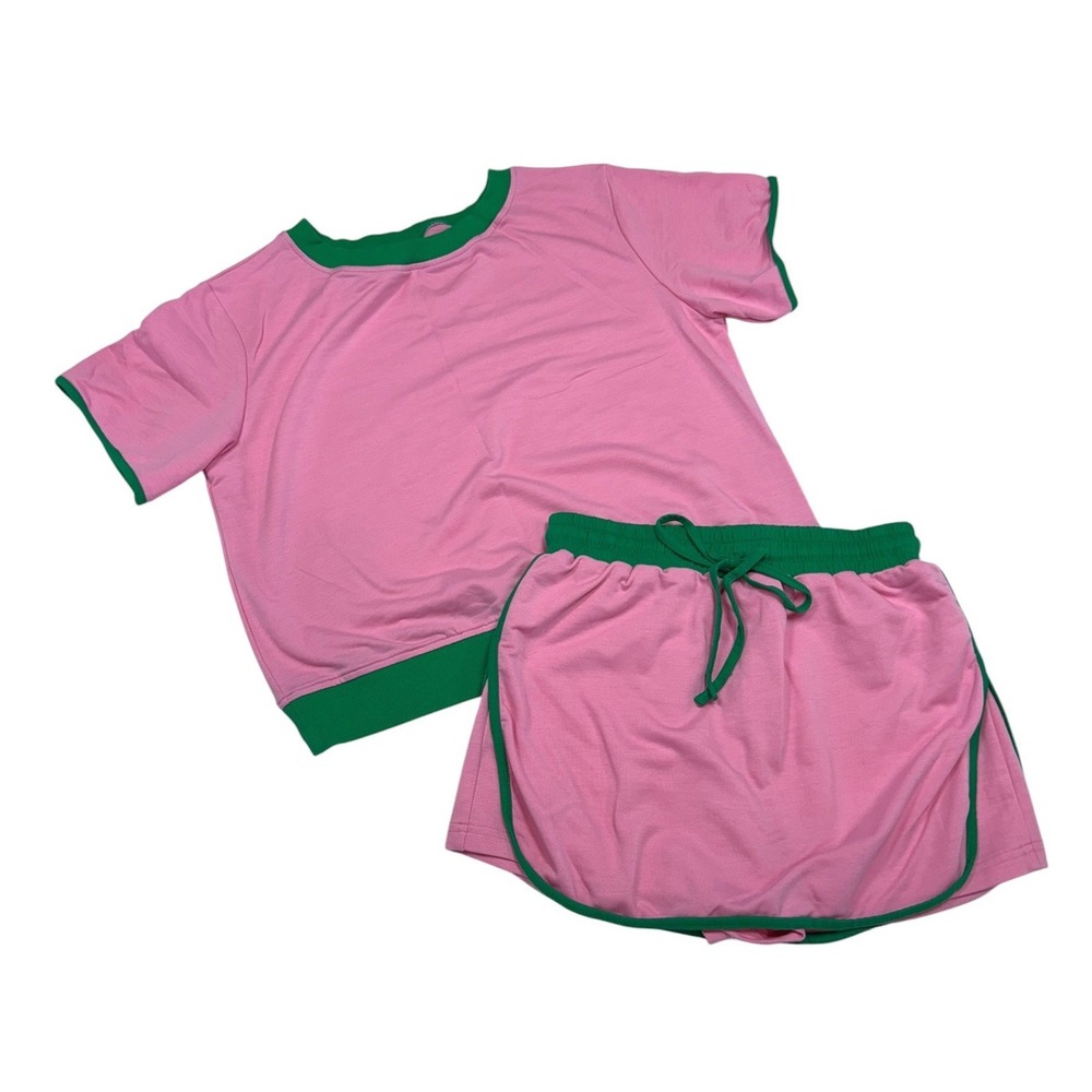 Pink and Green Colorblock 2 Piece Lounge Set Short Sleeve Top and Skorts Small